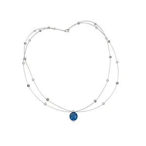 Elegant double-layer beaded necklace featuring a blue round zircon pendant and pearls.