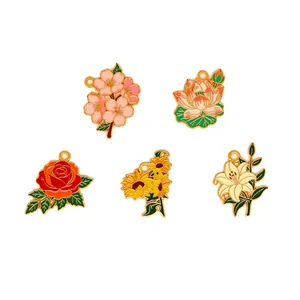 Set of floral alloy enamel pendants featuring cherry blossoms, roses, and sunflowers