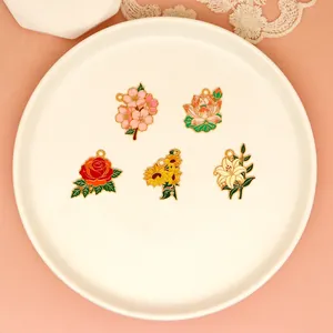 Variety of flower enamel alloy charms including rose and sunflower for DIY jewelry making