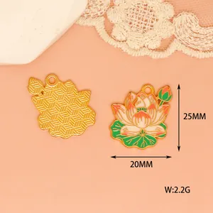 Lotus flower enamel pendant detail showing 25mm height and 20mm width dimensions