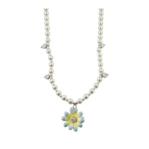 Elegant pearl necklace with a light blue daisy pendant and clear teardrop crystal accents.