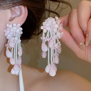 Boucles d'oreilles bohèmes fleurs roses à glands, bijoux de mode élégants pour femmes