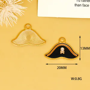 Small pirate hat charms for jewelry making, gold and black enamel skull design