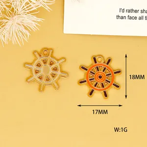 Macro detail view of nautical rudder alloy charm with 18mm and 17mm dimension labels