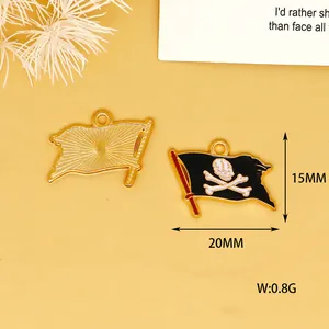 Detailed view of 20x15mm pirate flag enamel charm with size and weight annotations.
