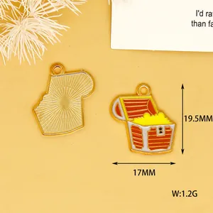 Detailed macro view of enamel treasure chest charm showing 19.5x17mm size and 1.2g weight.