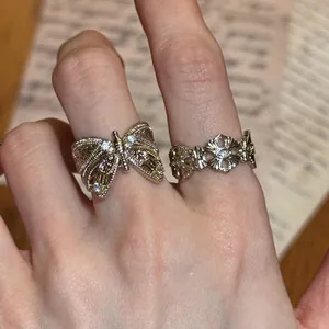 Vintage Palace Style Copper Butterfly Hollow Open Ring For Women Light Luxury Rhinestone Adjustable Finger Ring Jewelry
