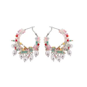 Colorful dopamine crystal woven hoop earrings with baroque pearl dangles for women