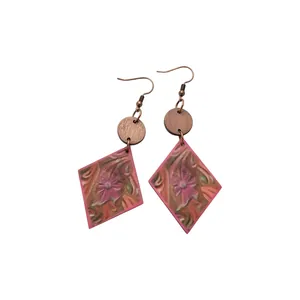 Retro bohemian diamond-shaped wooden drop earrings with pink floral print pattern.