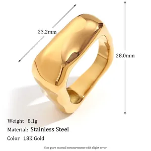 Close-up detail of 18K gold plated stainless steel geometric molten ring with size measurements