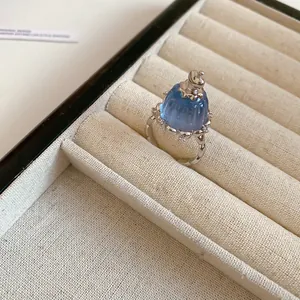 Detailansicht eines blauen Harz-Pudding-Rings mit Zirkon-Akzenten in einer Ablage