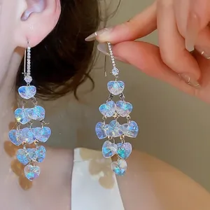 Forest Style Zirconia Glass Heart Tassel Drop Earrings Silver Plated Fairy Long Fringe Ear Buckle For Women Jewelry Gift