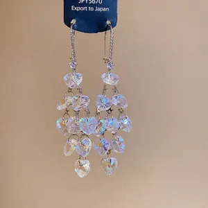 Elegant forest-style zircon heart tassel earrings with clear faceted crystals