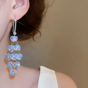 Elegant iridescent heart crystal tassel earrings with forest style zircon details