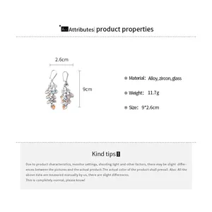 Detailed product specifications for elegant zircon and glass heart tassel drop earrings.