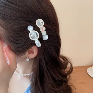 Nahaufnahme von süßen Hunde- und blauen Blumen-Haarspangen mit Strass auf dem Haar des Models