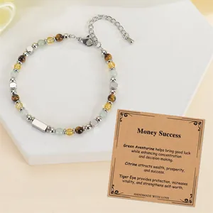 Detail von 4mm Tigerauge und Citrin Perlenarmband mit Money Success Bedeutungskarte.