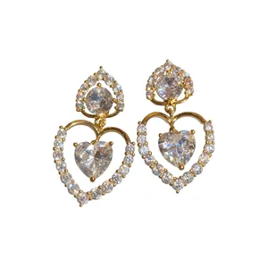 Elegant 18k gold plated heart drop earrings with sparkling zircon stones