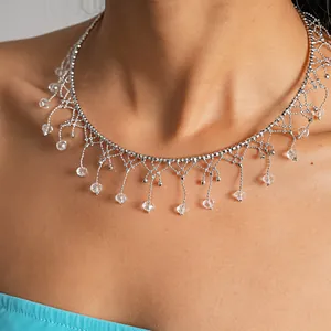 Vista dettagliata di un'elegante collana choker in pizzo argento con nappe in cristallo chiaro