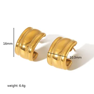 Detailed view of gold pleated C-shaped stainless steel earrings with size specs