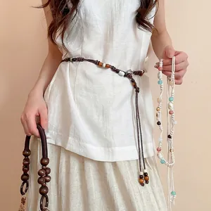 Bohemian Vintage Beaded Waist Chain Ethnic Woven Rope Belt With Wood Resin Beads For Women Dress Accessory