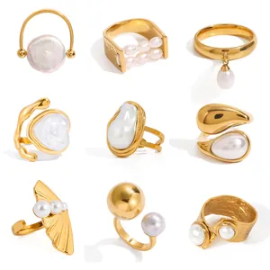 Collezione di anelli di nicchia in acciaio inossidabile con perle eleganti, vari design