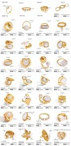 Collezione di anelli di perle in acciaio inossidabile dorato con dimensioni e peso dettagliati