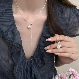Korean Style Copper Rhinestone Artificial Pearl Floral Cluster Tassel Choker Necklace Elegant Y-Shaped Pendant Jewelry For Women Fashion Daily Wear