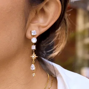 Detailed view of elegant long stainless steel drop earrings featuring shimmering zirconia stones