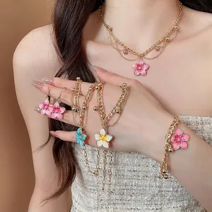 Flower Fairy Enamel Drip Flower Necklace Bracelet Earring Hook Gold Plated Alloy Jewelry Sweet Summer Vacation Women Jewelry