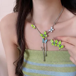 Butterfly Enameled Rhinestone Necklace Earrings Forest Style Silver Post Alloy Niche Design Pastoral Jewelry for Women