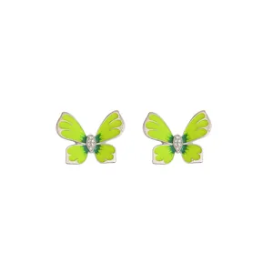 Elegant green enamel butterfly stud earrings with sparkling rhinestones decoration