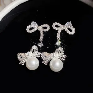 925 Sterling Silver Earring Post Zirconia Bow Stud Earrings For Women Korean Minimalist Light Luxury Copper Silver Earring