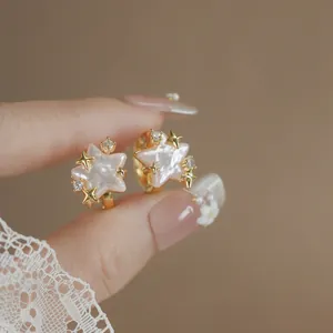 Vintage Luxury Alloy Pink Star Artificial Pearl Ear Buckle Earrings With Rhinestone Silver Earring Post For Women Jewelry