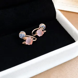 Sweet Pink Cat's Eye Stone Oval Clip-on Earrings Reindeer Antler Design No Pierced Rose Gold Ear Cuff For Women Girls Jewelry