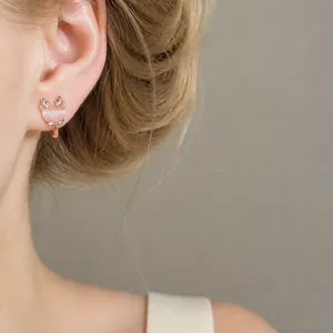 Sweet cat eye stone clip-on earrings with rose gold elk antler design for women