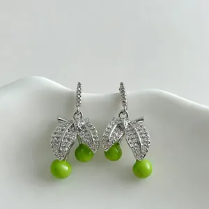 Fresh Sweet Cherry Stud Earrings For Women With Silver Earring Post Zirconia Inlaid Copper Green Fruit Enamel Jewelry Gift