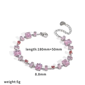 Close-up of pink crystal stainless steel bracelet with dimensions and weight info