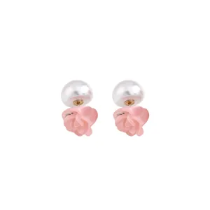 Elegant pink resin flower and white pearl stud earrings with silver needle posts
