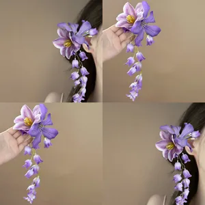 Handgemaakte Paarse Stof Bloem Eendensnavelklem Met Bloemen Kwastje Feeënstijl Vakantie Haaraccessoires Voor Dames