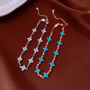 18k Gold Plated Copper Flower Rhinestone Link Bracelet For Women Elegant Floral Chain Bracelet With Synthetic Turquoise