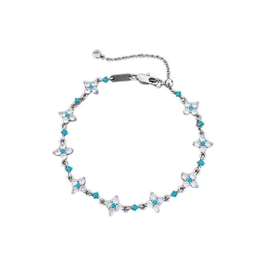 Elegant 18k white gold plated floral bracelet with turquoise stones and clear zircons for women