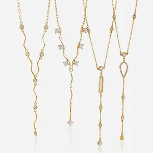 Collana con Pendente in Zirconia Acciaio Inossidabile Lussuosa Vintage da Donna Catena Maglione Nappina Forma Y Placcata Oro Gioielli