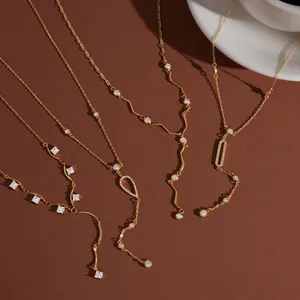 Eleganti collane lunghe a Y in acciaio al titanio placcato oro 18k con zirconi