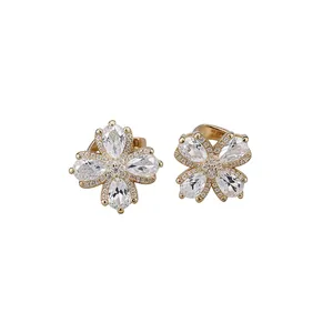 18K gold plated zircon flower ear clips with sparkling crystal petals for women