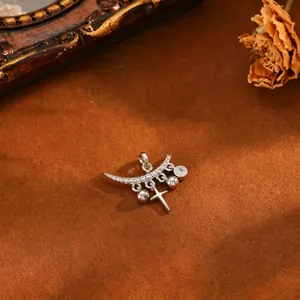 Elegant silver stainless steel crescent moon and cross charm pendant with zircon stones