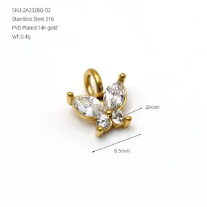 Detailed view of gold plated 316 stainless steel butterfly pendant with sparkling zircons