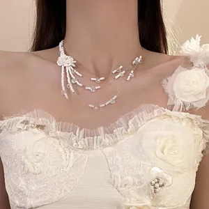 French Multilayer White Glass Bead Flower Clavicle Chain Vintage Elegant Tassel Choker Necklace For Women Fashion Jewelry