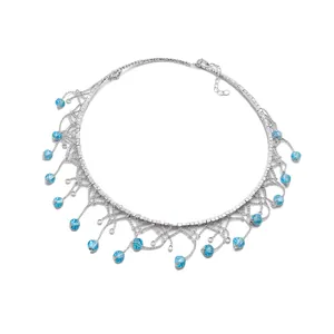 Elegant crystal fringe choker necklace in silver with blue circular droplets for women.