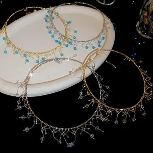 Detailed view of exquisite crystal fringe choker necklace with sparkling vintage lace detail